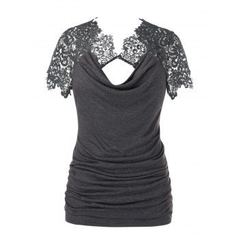 

Plus Size Lace Insert Cutout Cowl Neck T Shirt, Ash gray