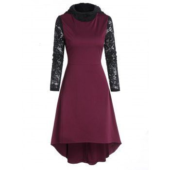 

Hooded Lace Sleeve High Low Midi Dress, Maroon