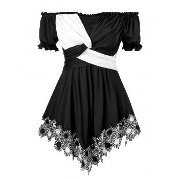 

Plus Size Off The Shoulder Two Tone Crossover T Shirt, Black