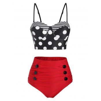 

Polka Dot Striped Button Embellished Moulded Tankini Swimwear, Red wine
