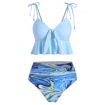 

Galaxy Print Tie Ruched Peplum Tankini Swimsuit, Light blue
