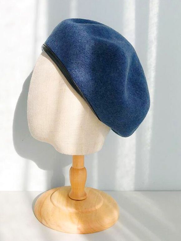 Chapeau Béret à Ourlet en PU - Bleu 