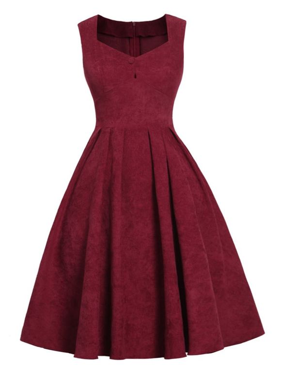 Robe Embellie de Bouton sans Manches en Velours Côtelé - Rouge Vineux XL