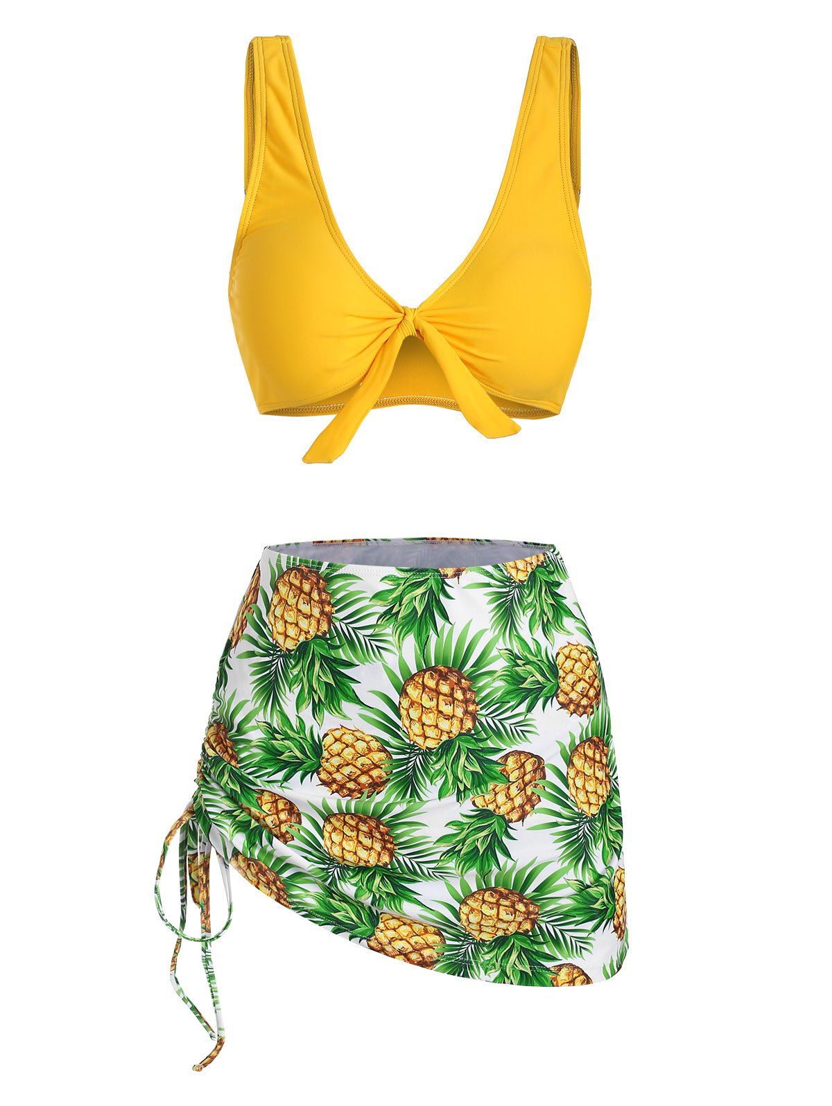 Pineapple Print Cinched Three Piece Swimsuit - BRIGHT YELLOW S
