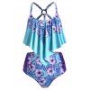 Maillot de Bain Tankini Superposé Fleuri Imprimé de Grande Taille - Turquoise Moyenne L