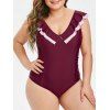 Maillot de Bain Plongeant sans Dos de Grande Taille à Volants Une-Pièce - Rouge Vineux 1X