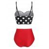 Maillot de Bain Tankini Rayé à Pois Embelli de Bouton - Rouge Vineux M