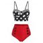 Maillot de Bain Tankini Rayé à Pois Embelli de Bouton - Rouge Vineux M