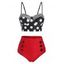 Polka Dot Striped Button Embellished Moulded Tankini Swimwear - RED WINE L