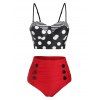 Maillot de Bain Tankini Rayé à Pois Embelli de Bouton - Rouge Vineux XL