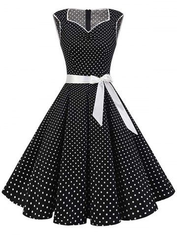 Polka Dot Belted Sleeveless Vintage Dress