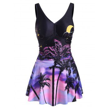 

Coconut Palm Sunset Print Ruched Skirted Tankini Swimwear, Black