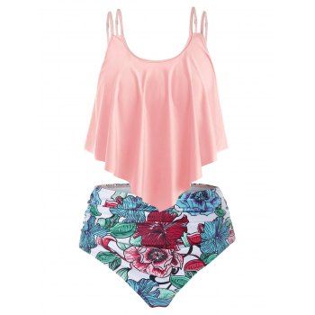 

Plus Size Ruffled Floral Print Tankini Swimsuit, Light pink