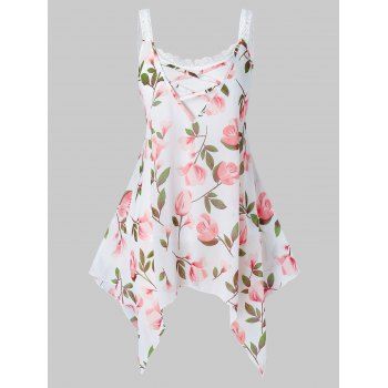 

Plus Size Floral Print Lace Cami Tank Top Set, White