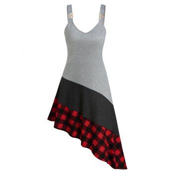 

Plaid Print Contrast Rhinestone Asymmetric Dress, Light gray