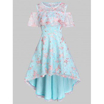 

Open Shoulder Floral Lace Dip Hem Dress, Multicolor a
