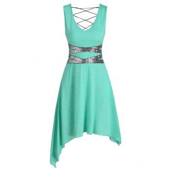 Image of Sleeveless Sequin Panel Lace-up Asymmetric Dress