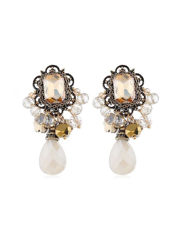 Boucles d'Oreilles Perles Motif Géométrique Evidées et Cristal Fantaisie Style Rétro - Champagne 