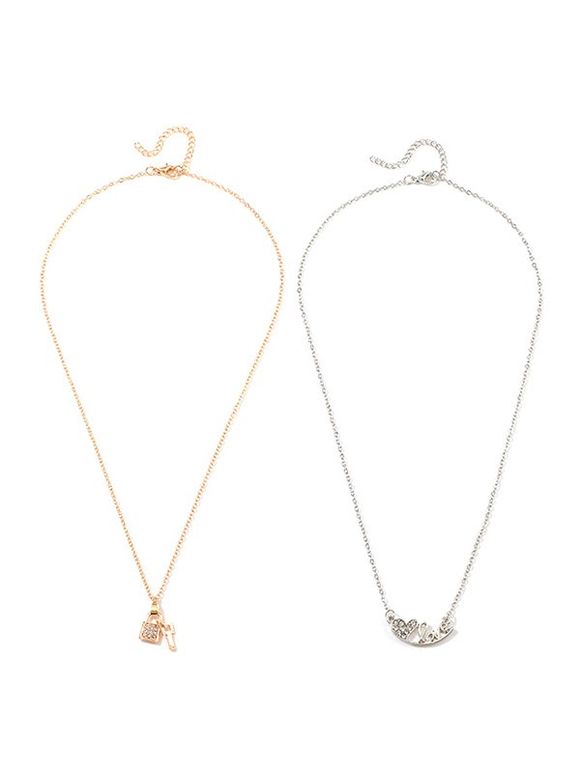 Ensemble de Collier Lettre Cœur Serrure avec Strass 2 Pièces - Or 