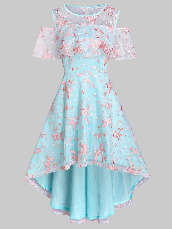 Open Shoulder Floral Lace Dip Hem Dress - multicolor A 2XL