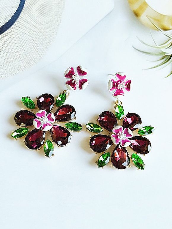 Boucles d'Oreilles Fleur Cloutées avec Strass - Rouge 