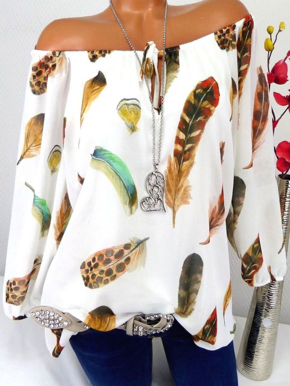 Blouse Plume Imprimée à Epaule Dénudée - Blanc 4X