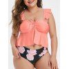 Plus Size Front Cinched Floral Print Tankini Swimsuit - ORANGE PINK 5X