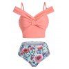 Bowknot Floral Swimsuit High Waisted Print Tankini Swimwear Set - ROSE 2XL