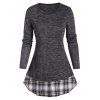T-shirt Chiné à Carreaux Imprimé Fausse Deux Pièces - Cendre gris XL