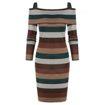 

Colorful Striped Print Cold Shoulder Sheath Dress, Multicolor a