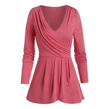 

Heathered Plunge Neck Ruched Surplice T-shirt, Cherry red