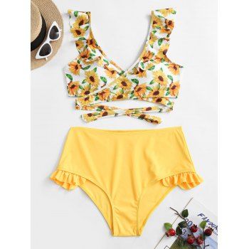 

Sunflower High Waisted Plus Size Wrap Bikini Swimsuit, Yellow