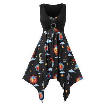 

Plus Size Sun and Moon Print Handkerchief Dress, Black