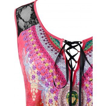 

Plus Size Lace Panel Tie Dye Lace Up Curved Sheer Tank Top, Multicolor