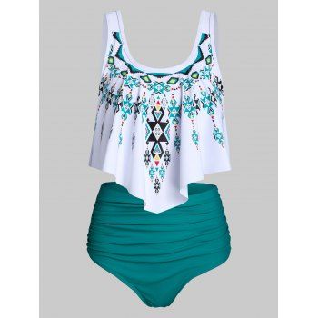 Image of Ethnic Geometric Print High Waisted Asymmetrical Tankini Swimwear