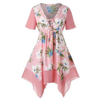 

Plus Size Lace Up Floral Print Handkerchief Blouse, Pink