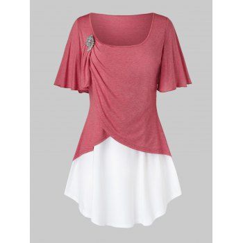 

Plus Size Colorblock Ruched Flutter Sleeve T Shirt, Light coral