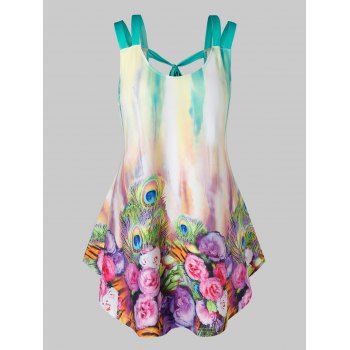 

Plus Size Tie Dye 3D Flower Peacock Feather Tie Tunic Tank Top, Multicolor