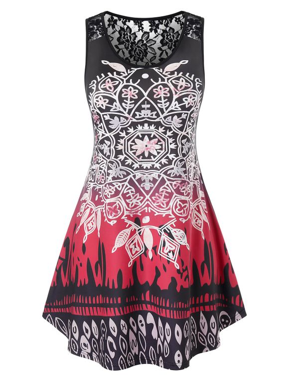Débardeur Trapèze Tribal Imprimé en Dentelle Insérée de Grande Taille - multicolor 1X