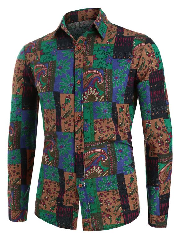 Chemise Ethnique Fleurie en Lin à Manches Longues - multicolor 3XL