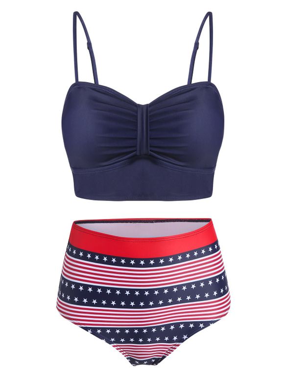 Maillot de Bain Bikini Drapeau Américain Imprimé à Taille Haute à Volants - Cadetblue XL