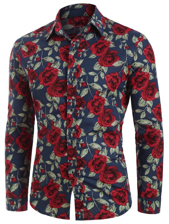Chemise Longue Boutonnée à Imprimé Fleurie - Cadetblue 2XL