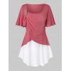 T-shirt en Blocs de Couleurs à Manches Bouffantes de Grande Taille à Volants - Corail Léger 2X