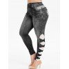 Legging 3D Imprimé à Coupe Haute de Grande Taille en Faux Denim - Noir 4X