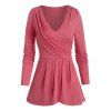 T-shirt Chiné Superposé à Col Plongeant à Volants - Rouge Cerise 2XL