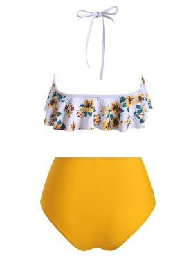 Sunflower Crochet Panel Ruched Halter Tankini Swimsuit