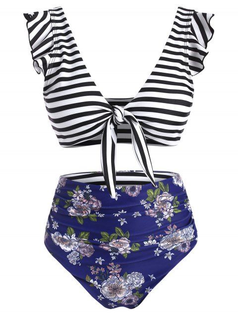 Ruffle Ruched Tie Front Striped Floral Bikini Swimsuit