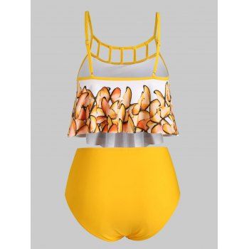 

Cut Out Butterfly Overlay Flounces Ruched Plus Size Tankini Swimsuit, Yellow