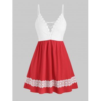 

Lace Trim Lattice Colorblock Plus Size Cami Dress, Red