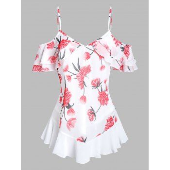 

Flower Print Cold Shoulder Flounce Chiffon Top, White